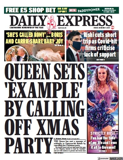 Daily Express (UK) Newspaper Front Page for 17 December 2021