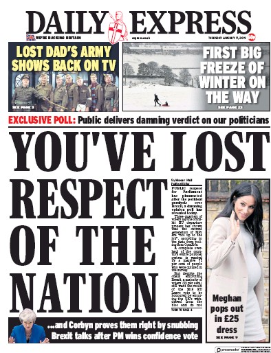Daily Express Newspaper Front Page for 17 January 2019