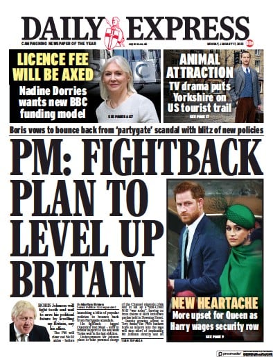 Daily Express (UK) Newspaper Front Page for 17 January 2022