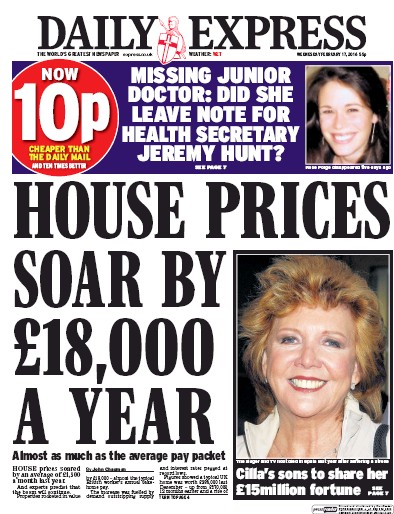 Daily Express (UK) Newspaper Front Page for 17 February 2016