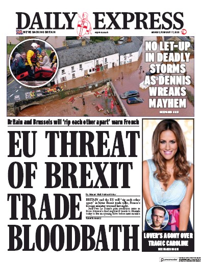 Daily Express Newspaper Front Page for 17 February 2020