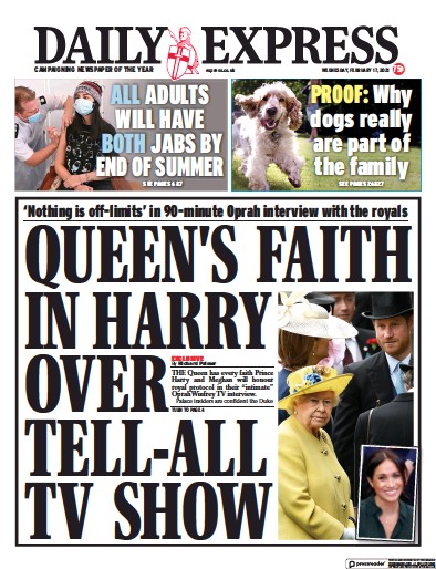 Daily Express Newspaper Front Page for 17 February 2021