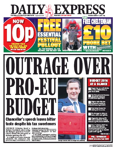 Daily Express Newspaper Front Page for 17 March 2016