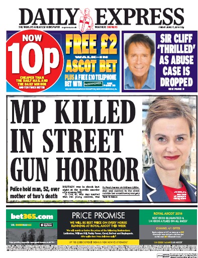 Daily Express (UK) Newspaper Front Page for 17 June 2016