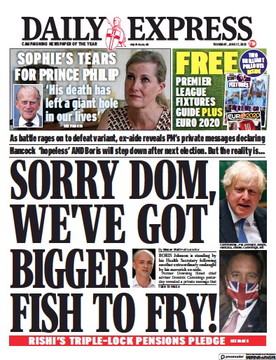 Daily Express (UK) Newspaper Front Page for 17 June 2021