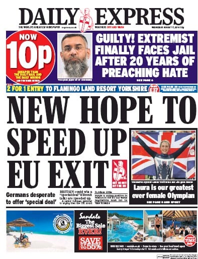 Daily Express Newspaper Front Page for 17 August 2016