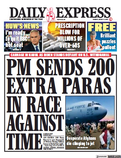 Daily Express (UK) Newspaper Front Page for 17 August 2021