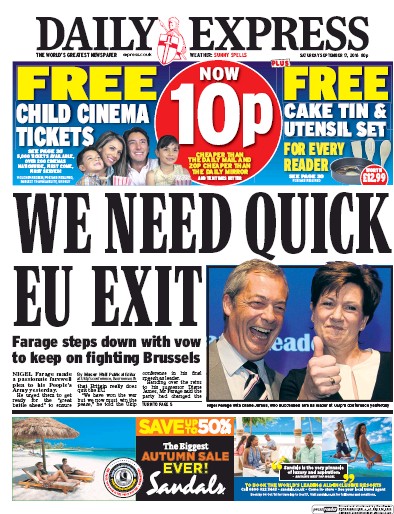 Daily Express Newspaper Front Page for 17 September 2016