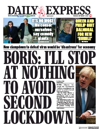 Daily Express Newspaper Front Page for 17 September 2020