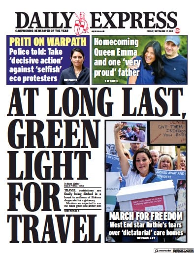 Daily Express (UK) Newspaper Front Page for 17 September 2021