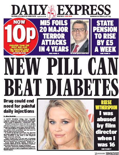 Daily Express Newspaper Front Page for 18 October 2017