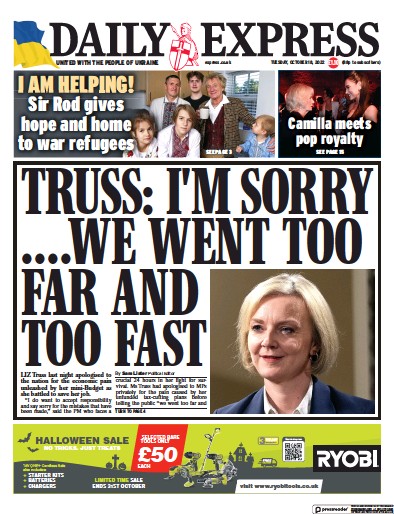 Daily Express (UK) Newspaper Front Page for 18 October 2022