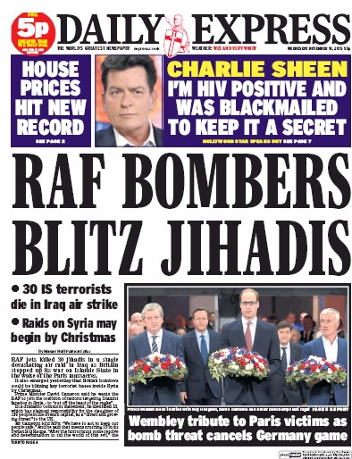 Daily Express Newspaper Front Page for 18 November 2015