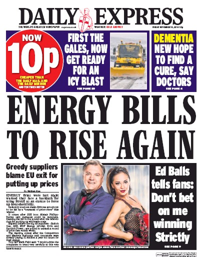 Daily Express (UK) Newspaper Front Page for 18 November 2016