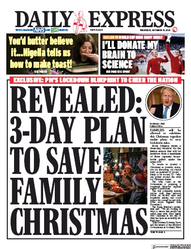 Daily Express Newspaper Front Page for 18 November 2020