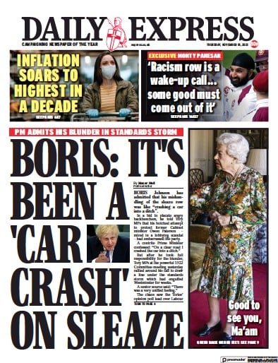 Daily Express (UK) Newspaper Front Page for 18 November 2021
