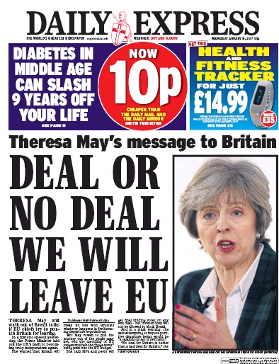 Daily Express Newspaper Front Page for 18 January 2017