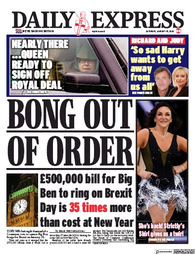 Daily Express Newspaper Front Page for 18 January 2020