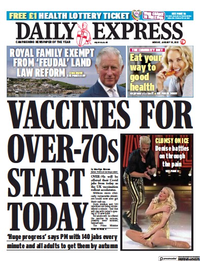 Daily Express Newspaper Front Page for 18 January 2021