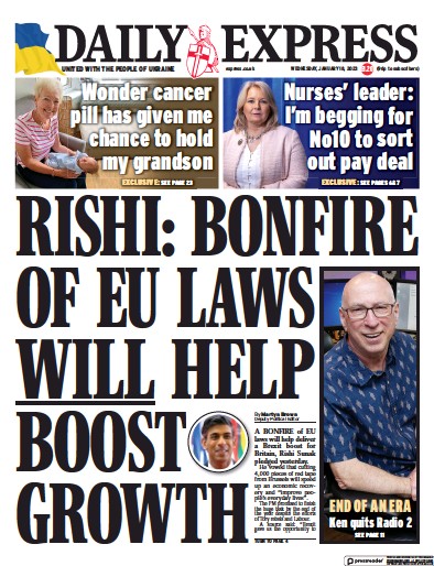 Daily Express (UK) Newspaper Front Page for 18 January 2023