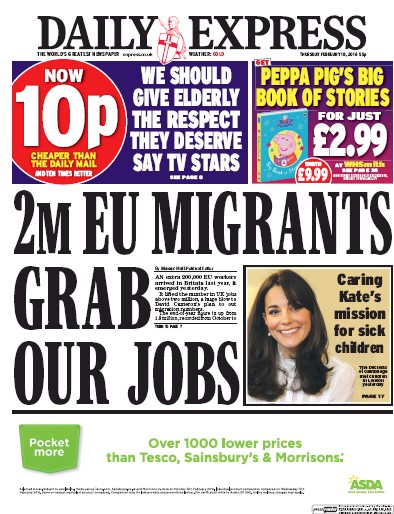 Daily Express Newspaper Front Page for 18 February 2016