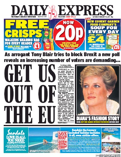 Daily Express (UK) Newspaper Front Page for 18 February 2017
