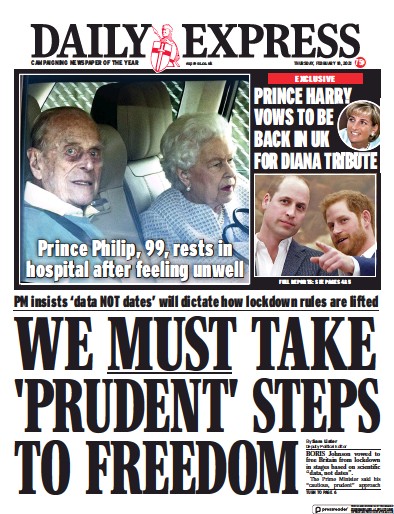 Daily Express Newspaper Front Page for 18 February 2021