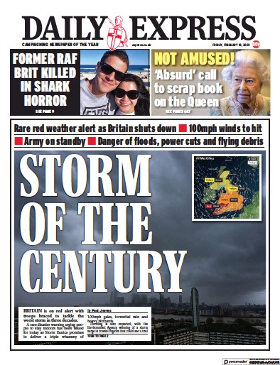 Daily Express Newspaper Front Page for 18 February 2022