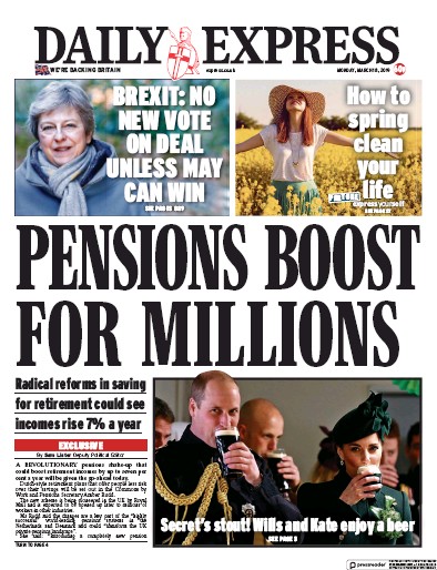 Daily Express (UK) Newspaper Front Page for 18 March 2019
