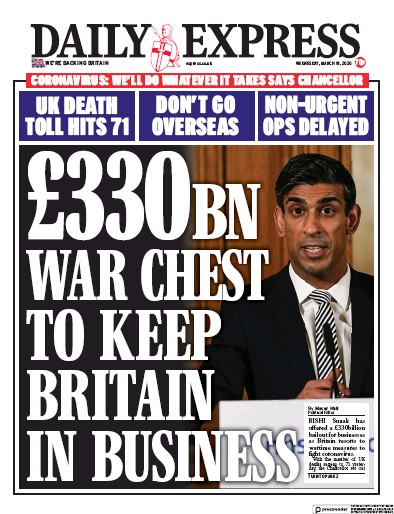 Daily Express Newspaper Front Page for 18 March 2020