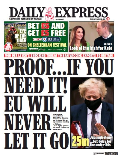Daily Express (UK) Newspaper Front Page for 18 March 2021