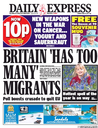 Daily Express Newspaper Front Page for 18 April 2016