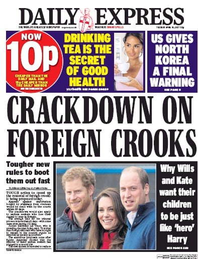 Daily Express Newspaper Front Page for 18 April 2017