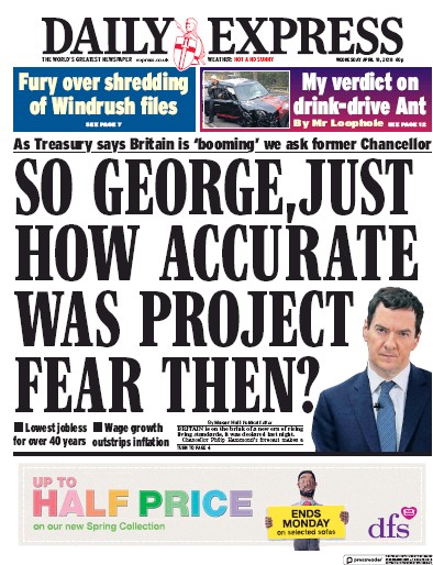 Daily Express (UK) Newspaper Front Page for 18 April 2018