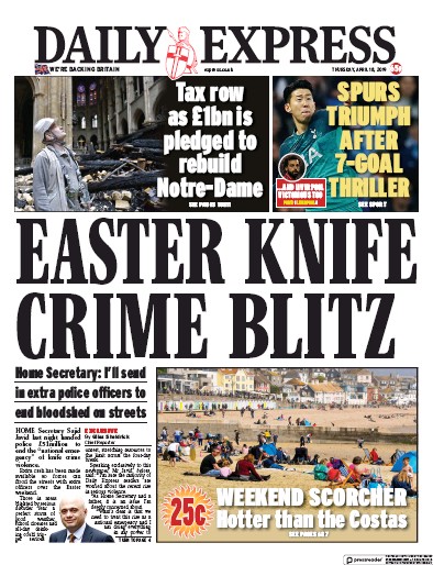 Daily Express Newspaper Front Page for 18 April 2019