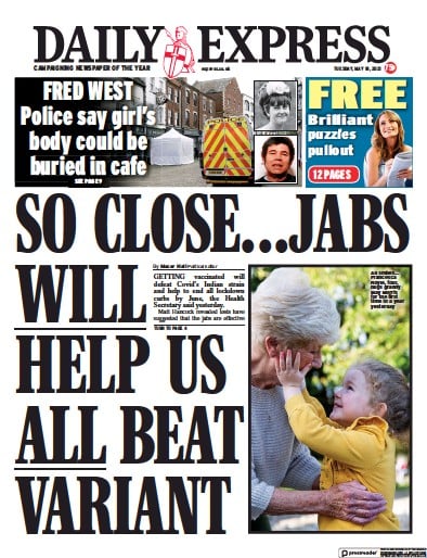 Daily Express (UK) Newspaper Front Page for 18 May 2021
