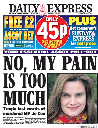 Daily Express Newspaper Front Page for 18 June 2016
