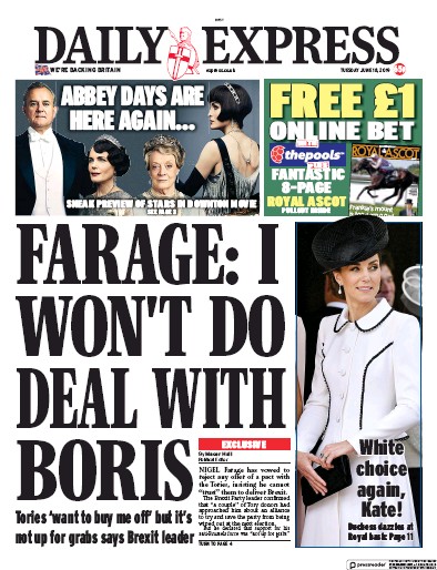 Daily Express Newspaper Front Page for 18 June 2019