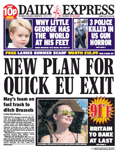 Daily Express Newspaper Front Page for 18 July 2016
