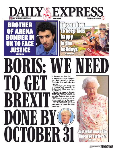 Daily Express Newspaper Front Page for 18 July 2019