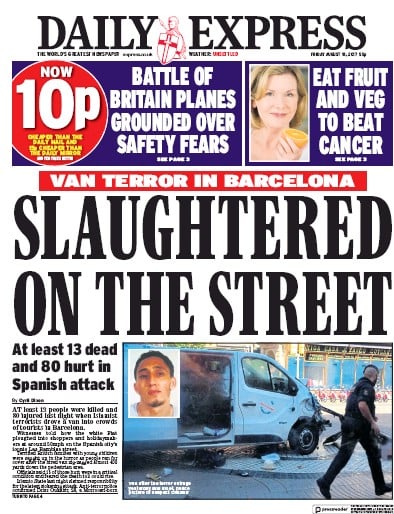 Daily Express Newspaper Front Page for 18 August 2017