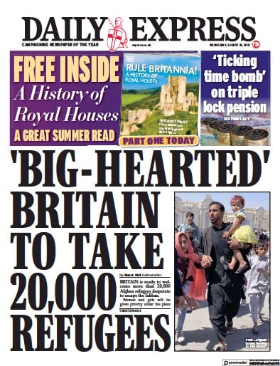 Daily Express (UK) Newspaper Front Page for 18 August 2021