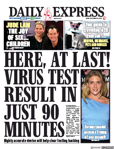 Daily Express Newspaper Front Page for 18 September 2020