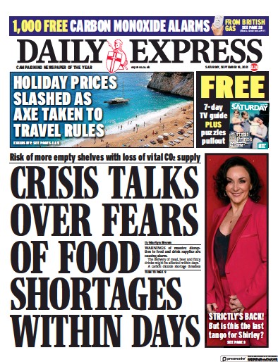 Daily Express (UK) Newspaper Front Page for 18 September 2021