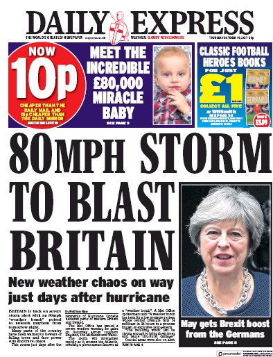 Daily Express (UK) Newspaper Front Page for 19 October 2017