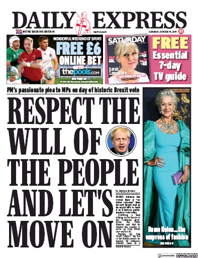 Daily Express (UK) Newspaper Front Page for 19 October 2019
