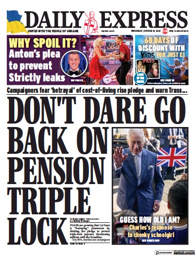 Daily Express Newspaper Front Page for 19 October 2022