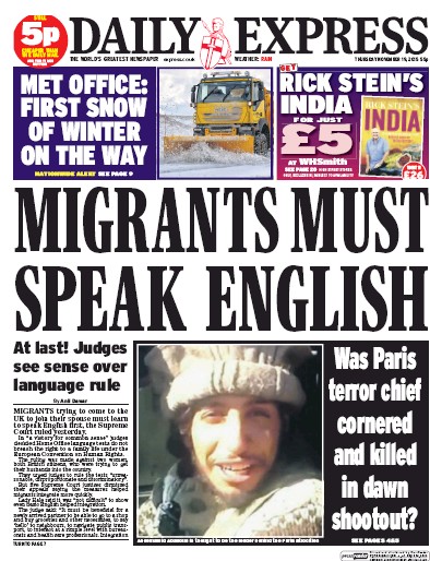 Daily Express Newspaper Front Page for 19 November 2015