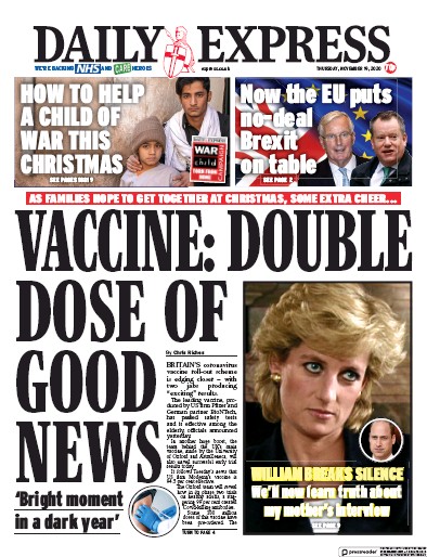 Daily Express (UK) Newspaper Front Page for 19 November 2020