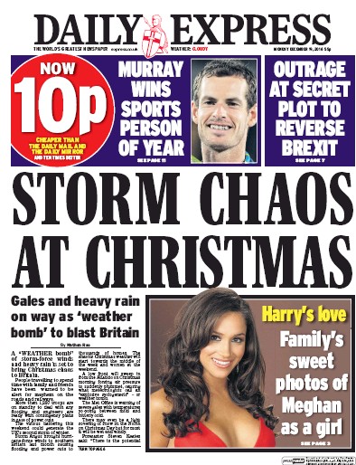 Daily Express Newspaper Front Page for 19 December 2016